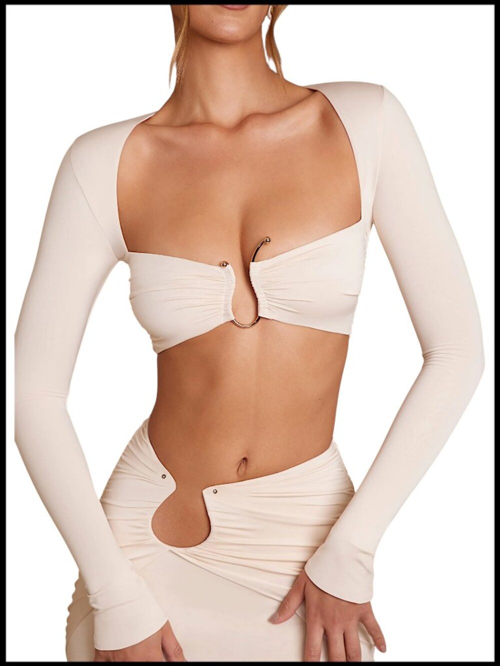 Oh Polly Maeva Crop Top Cream Ruched O Ring 4 S